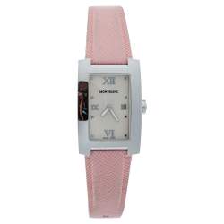 Pre Owned Montblanc Opaline White Stainless Steel Leather Profile 7077 Women's Wristwatch 23 mm