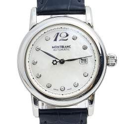 Pre Owned Montblanc Mother of Pearl Diamond Stainless Steel Alligator Meisterstuck 7087 Women's Wristwatch 32 mm