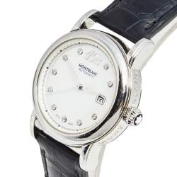 Pre Owned Montblanc Mother of Pearl Diamond Stainless Steel Alligator Meisterstuck 7087 Women's Wristwatch 32 mm