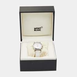 Pre Owned Montblanc White Stainless Steel Leather Mini Star 7039 Women's Wristwatch 32 mm
