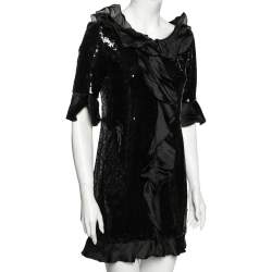 Pre Owned Moschino Cheap and Chic Black Sequin Embellished Ruffle Trimmed Dress M