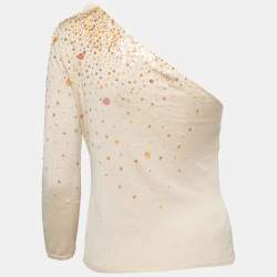 Pre Owned Moschino Cheap & Chic Beige Embellished Silk Knit One-Shoulder Top M