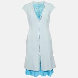 Pre Owned Moschino Cheap and Chic Blue Houndstooth Wool Blend Buttoned Short Dress M