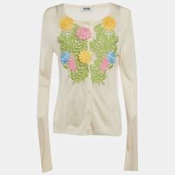 Pre Owned Moschino Cheap And Chic Cream Knit Floral Applique Detail Cardigan L