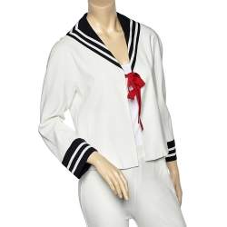 Moschino Cheap and Chic White Cotton Contrast Trim Tie Detail Blazer M