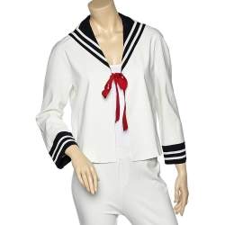 Moschino Cheap and Chic White Cotton Contrast Trim Tie Detail Blazer M