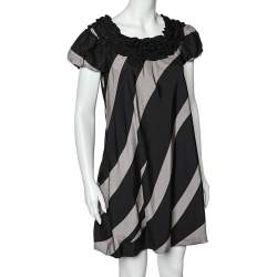 Pre Owned Moschino Cheap and Chic Monochrome Striped Silk Ruffled Neck Detail Mini Dress M