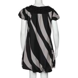 Pre Owned Moschino Cheap and Chic Monochrome Striped Silk Ruffled Neck Detail Mini Dress M