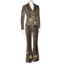 Pre Owned Moschino Cheap and Chic Brown Animal Printed Cotton Floral Applique Detail Pant Suit M