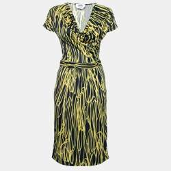 Pre Owned Moschino Cheap and Chic Navy Blue & Yellow Printed Silk Jersey Dress S