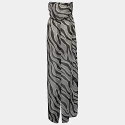 Pre Owned Moschino Cheap and Chic Black & White Printed Chiffon Strapless Dress M