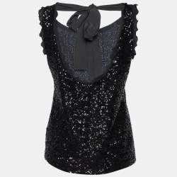Pre Owned Moschino Cheap and Chic Black Sequined Ruffle Trim Tie Detail Sleeveless Top M