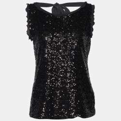 Pre Owned Moschino Cheap and Chic Black Sequined Ruffle Trim Tie Detail Sleeveless Top M