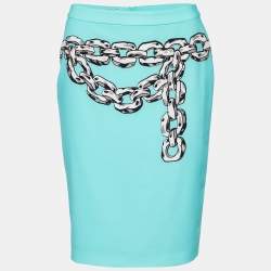 Moschino Cheap & Chic Turquoise Blue Crepe Chain printed Blazer & Mini Skirt Set S