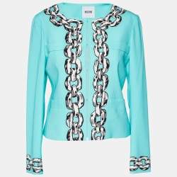 Moschino Cheap & Chic Turquoise Blue Crepe Chain printed Blazer & Mini Skirt Set S