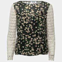 Pre Owned Moschino Cheap and Chic Black Floral Printed Crochet Sleeve Top S