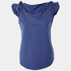 Moschino Cheap and Chic Navy Blue Cotton Ruffle Sleeve Detail Top S