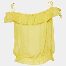 Moschino Cheap and Chic Yellow Polka Dot Printed Silk Ruffle Detail Top L