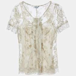 Pre Owned Moschino Cheap and Chic Gold Floral Lace Half Sleeve Top S