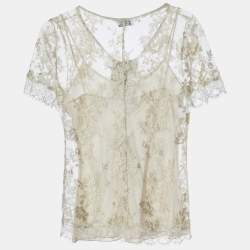 Pre Owned Moschino Cheap and Chic Gold Floral Lace Half Sleeve Top S
