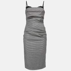 Pre Owned Moschino Cheap and Chic Monochrome Houndstooth Wool Blend Ruched Midi Dress M