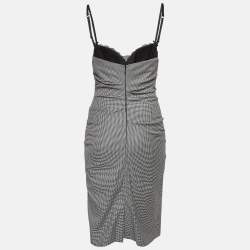 Pre Owned Moschino Cheap and Chic Monochrome Houndstooth Wool Blend Ruched Midi Dress M