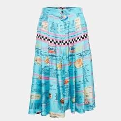 Moschino Couture Blue Drive In Menu Print Silk Pleated Midi Skirt L
