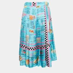 Moschino Couture Blue Drive In Menu Print Silk Pleated Midi Skirt L
