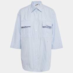Pre Owned Moschino Couture Blue Striped Cotton Cuffed Pocket Shirt S