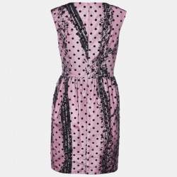Pre Owned Moschino Couture Pink Printed Satin & Polka Dot Tulle Sleeveless Sheath Dress L