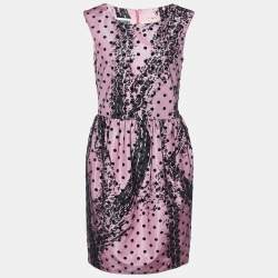 Pre Owned Moschino Couture Pink Printed Satin & Polka Dot Tulle Sleeveless Sheath Dress M
