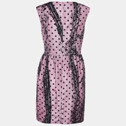 Pre Owned Moschino Couture Pink Printed Satin & Polka Dot Tulle Sleeveless Sheath Dress M