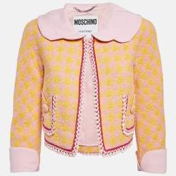 Moschino Couture Pink/Yellow Houndstooth Tweed Open Front Crop Jacket S