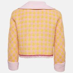 Moschino Couture Pink/Yellow Houndstooth Tweed Open Front Crop Jacket S