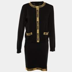 Pre Owned Moschino Couture Black Lurex Logo Detail Knit Dress & Cardigan Set M
