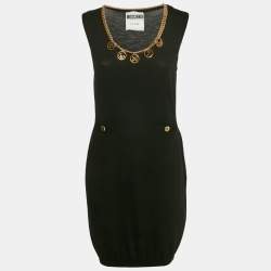 Pre Owned Moschino Couture Black Wool Knit Neck Embellished Mini Dress M