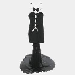 Pre Owned Moschino Couture Black Feather Trim Crepe and Silk Draped Detail Mini Dress S