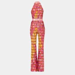 Pre Owned Moschino Couture Pink Printed Lurex Jersey Sequin Trim Jumpsuit XS