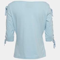 Pre Owned Moschino Couture Blue Pony Print Cotton Knit Lace-Up Detail Top L