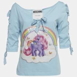 Pre Owned Moschino Couture Blue Pony Print Cotton Knit Lace-Up Detail Top L