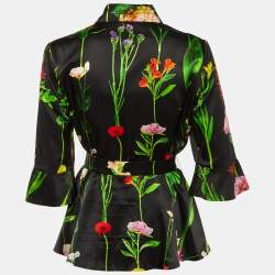 Pre Owned Moschino Couture Black Floral Print Satin Belted Top M