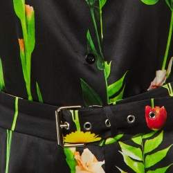 Pre Owned Moschino Couture Black Floral Print Satin Belted Top M