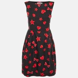 Pre Owned Moschino Couture Black Printed Cotton & Silk Mid Dress S
