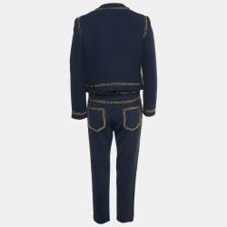 Pre Owned Moschino Couture Navy Blue Tweed & Crepe Chain Detail Jacket & Pants Set M