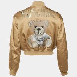 Pre Owned Moschino Couture Beige Teddy Print Synthetic Cropped Bomber Jacket S