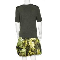 Moschino Couture Green Wool Knit Floral Printed Ruffle Hem Mini Dress L