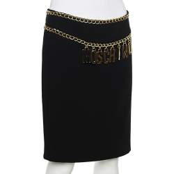 Pre Owned Moschino Couture Black & Gold Logo Chain Detailed Crepe Short Skirt M