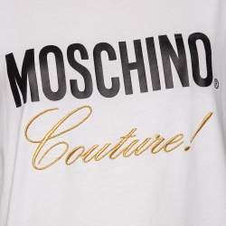 Pre Owned Moschino Couture White Logo Embroidered Cotton Oversized T-Shirt XS