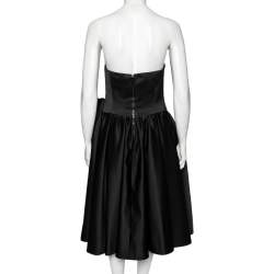 Pre Owned Moschino Couture Black Satin Bow Detail Strapless Pleated Dress M