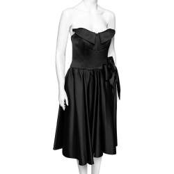 Pre Owned Moschino Couture Black Satin Bow Detail Strapless Pleated Dress M